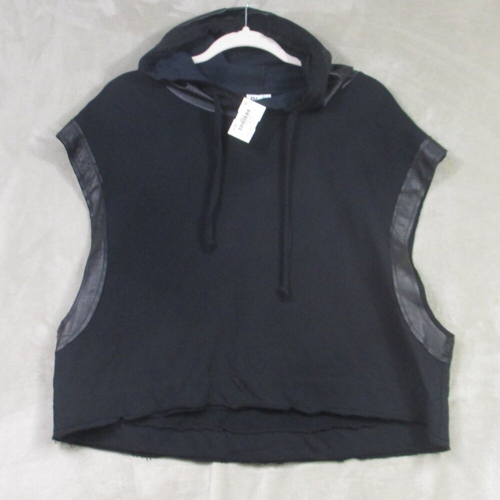 NWT Planet by Lauren G Top Women Black Size 1 Cotton Vegan Leather Trim USA - Picture 1 of 9